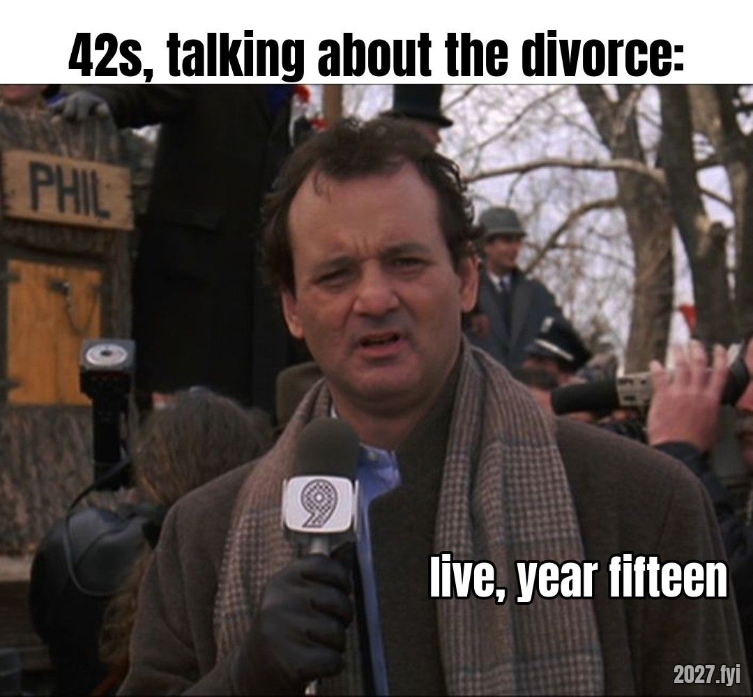 A weary TV weatherman reports live into a microphone. Labels: 42s, talking about the divorce: / live, year fifteen