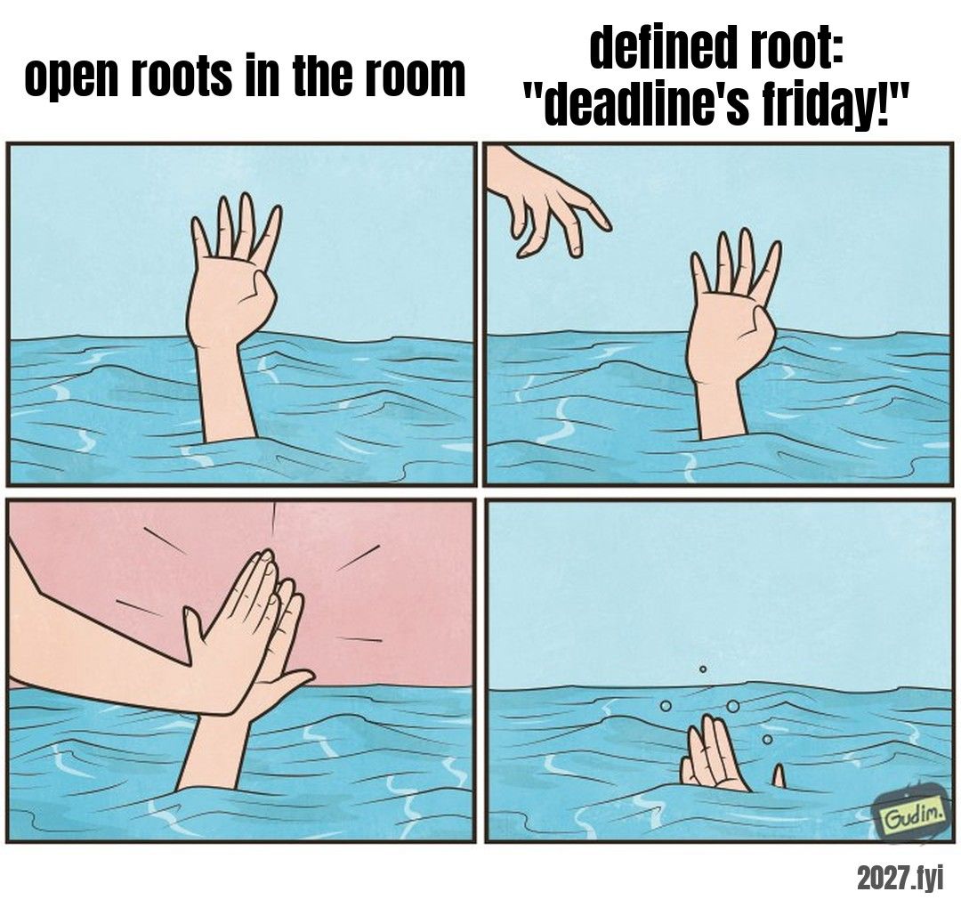 Four comic panels: a drowning hand, another hand offers a high five instead of help, the first hand sinks. Labels: open roots in the room / defined root: "deadline's friday!"