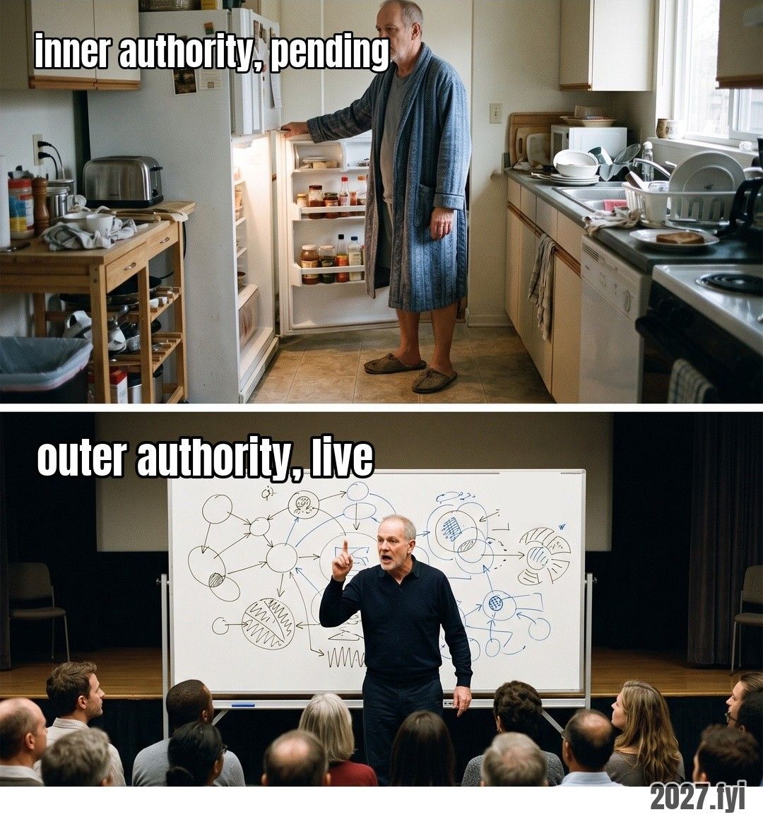 Two panels of the same man: in a bathrobe, baffled in front of an open fridge; then on a small stage before a whiteboard and an audience, finger raised. ra: "I go home, I'm a stupid man. the moment that I'm here, I open up my mouth, the utter authority comes out." / inner authority, pending / outer authority, live