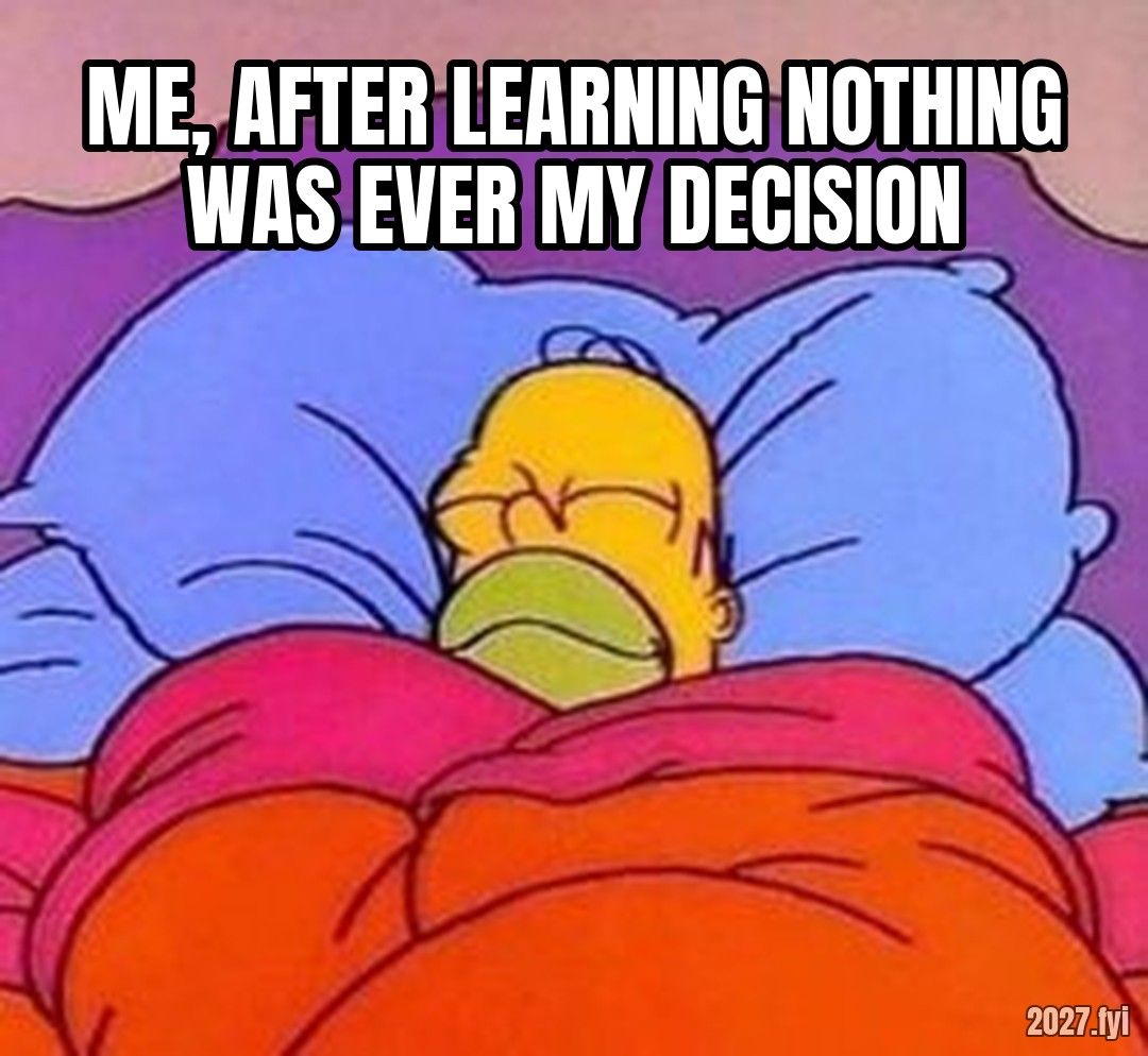 Homer Simpson sleeping peacefully meme. ME, AFTER LEARNING NOTHING WAS EVER MY DECISION