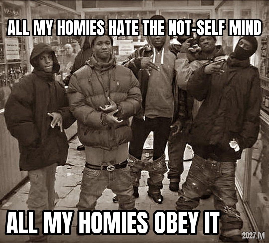 A group posing. ALL MY HOMIES HATE THE NOT-SELF MIND / ALL MY HOMIES OBEY IT