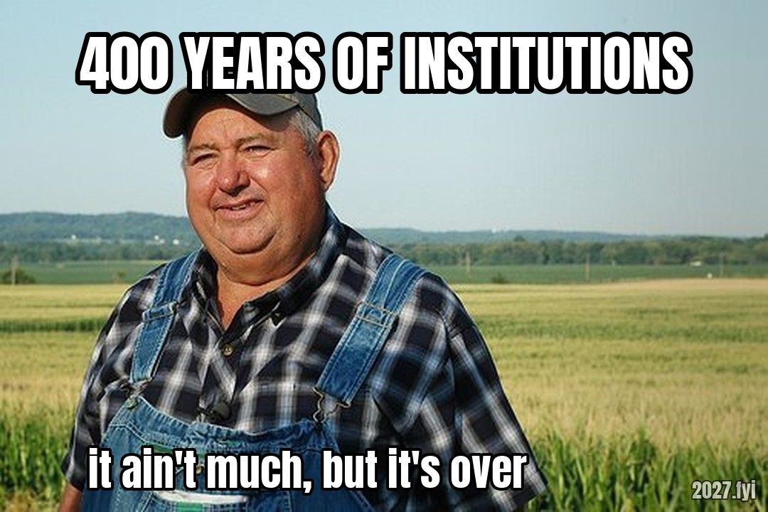 A farmer smiling. 400 YEARS OF INSTITUTIONS / it ain't much, but it's over