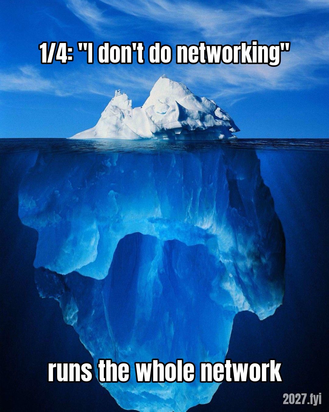 An iceberg: above water 1/4: "I don't do networking", below water: runs the whole network