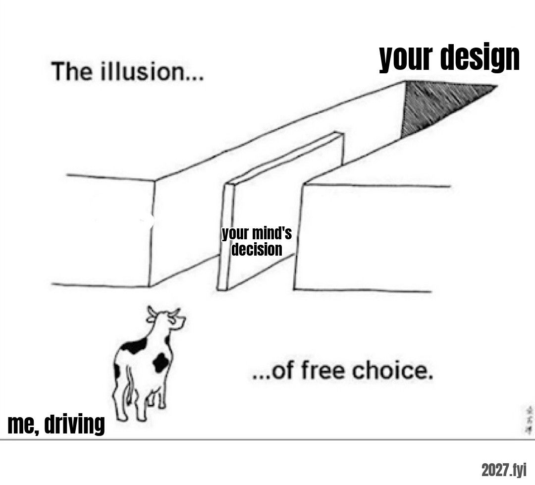 Cartoon of a cow walking into a narrowing chute. The illusion of free choice. Labels: your design / your mind's decision / me, driving