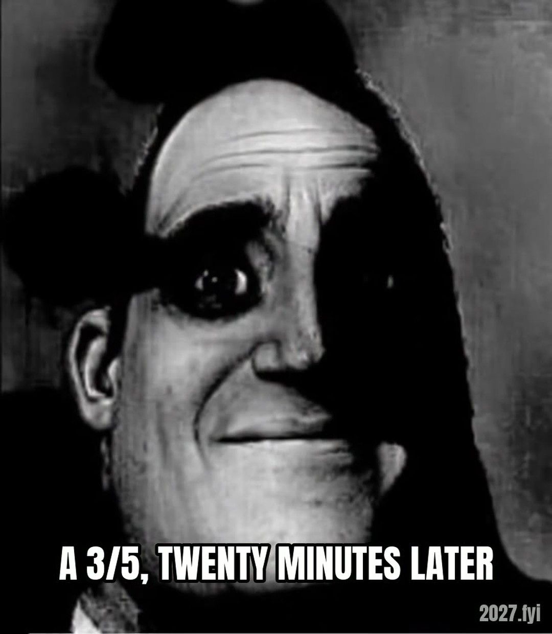 The same cartoon superhero face twice: first smiling and warm, then black-and-white and haunted. Labels: a 3/5, falling in love / a 3/5, twenty minutes later
