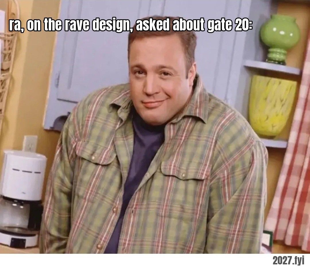 A man in a plaid shirt shrugging with a sheepish smile. ra: "I don't know what the 20 is. I have no idea." / ra, on the rave design, asked about gate 20: