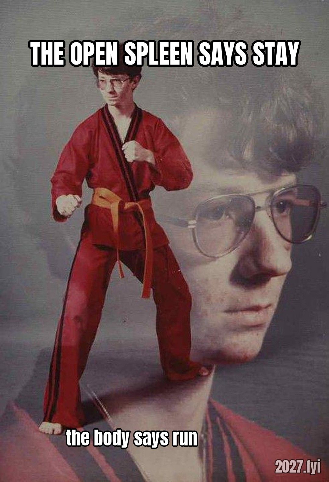Karate Kyle posing. THE OPEN SPLEEN SAYS STAY / the body says run