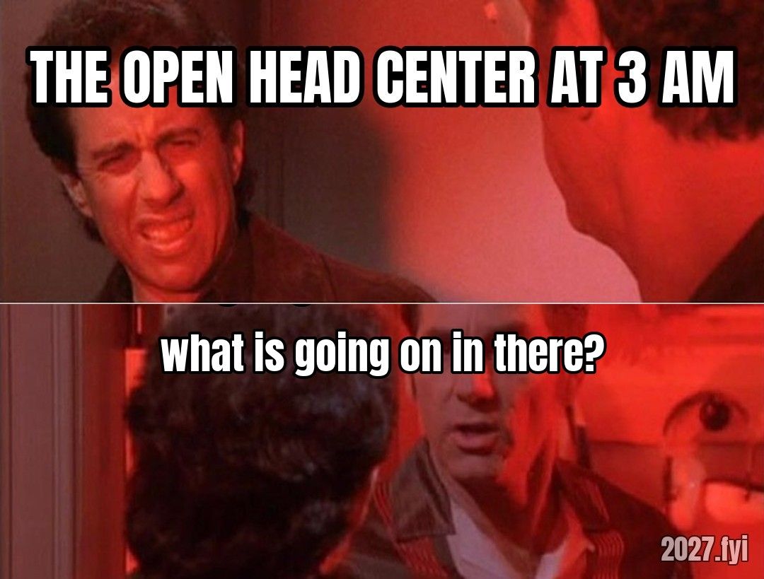 Kramer at a door in red light. THE OPEN HEAD CENTER AT 3 AM / what is going on in there?