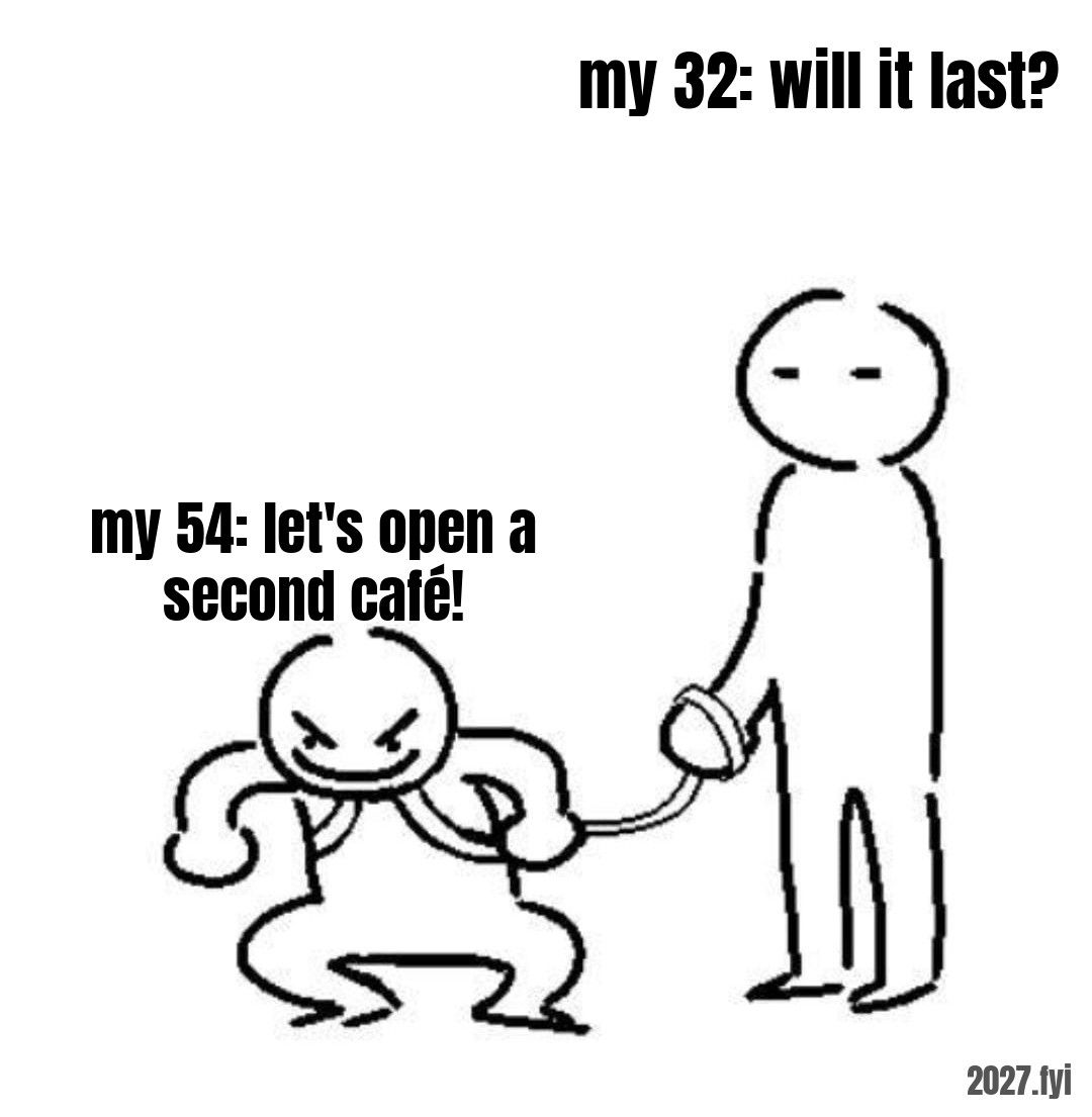 A stick drawing: a small grinning creature strains forward on a leash held by a tall, tired figure. Labels: my 32: will it last? / my 54: let's open a second café!