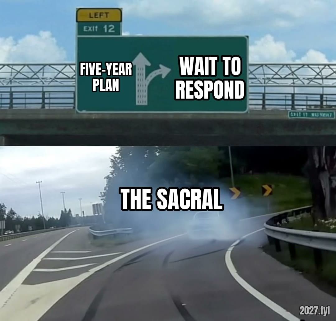 A car labelled the sacral swerves off the highway from FIVE-YEAR PLAN towards WAIT TO RESPOND