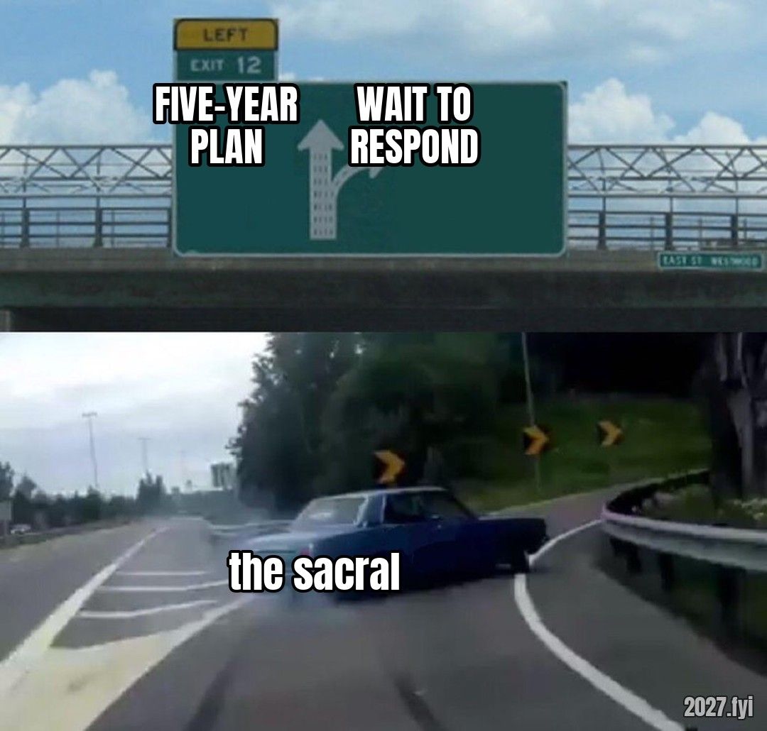 A car labelled the sacral swerves off the highway from FIVE-YEAR PLAN towards WAIT TO RESPOND