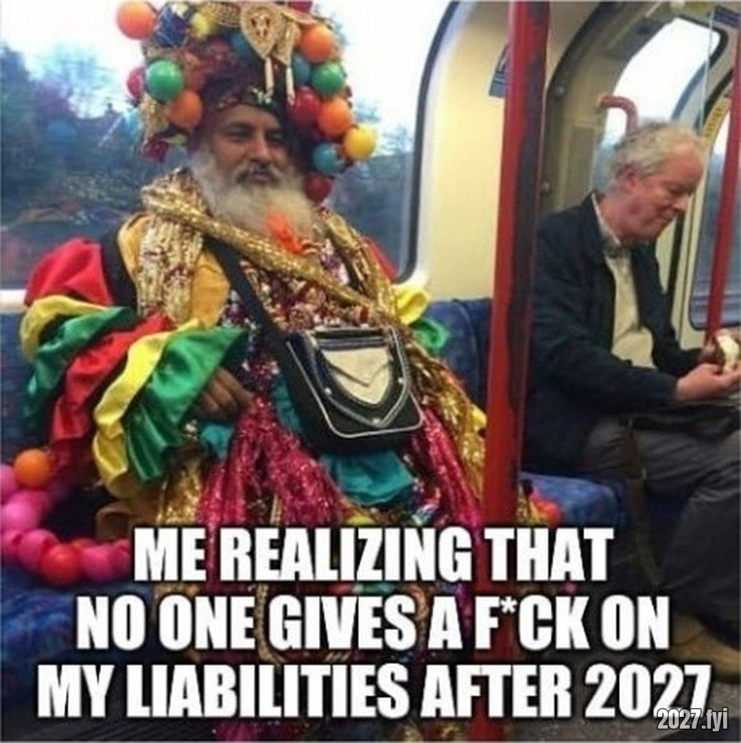 A man in an extravagant costume on the subway. ME REALIZING THAT NO ONE GIVES A FUCK ON MY LIABILITIES AFTER 2027