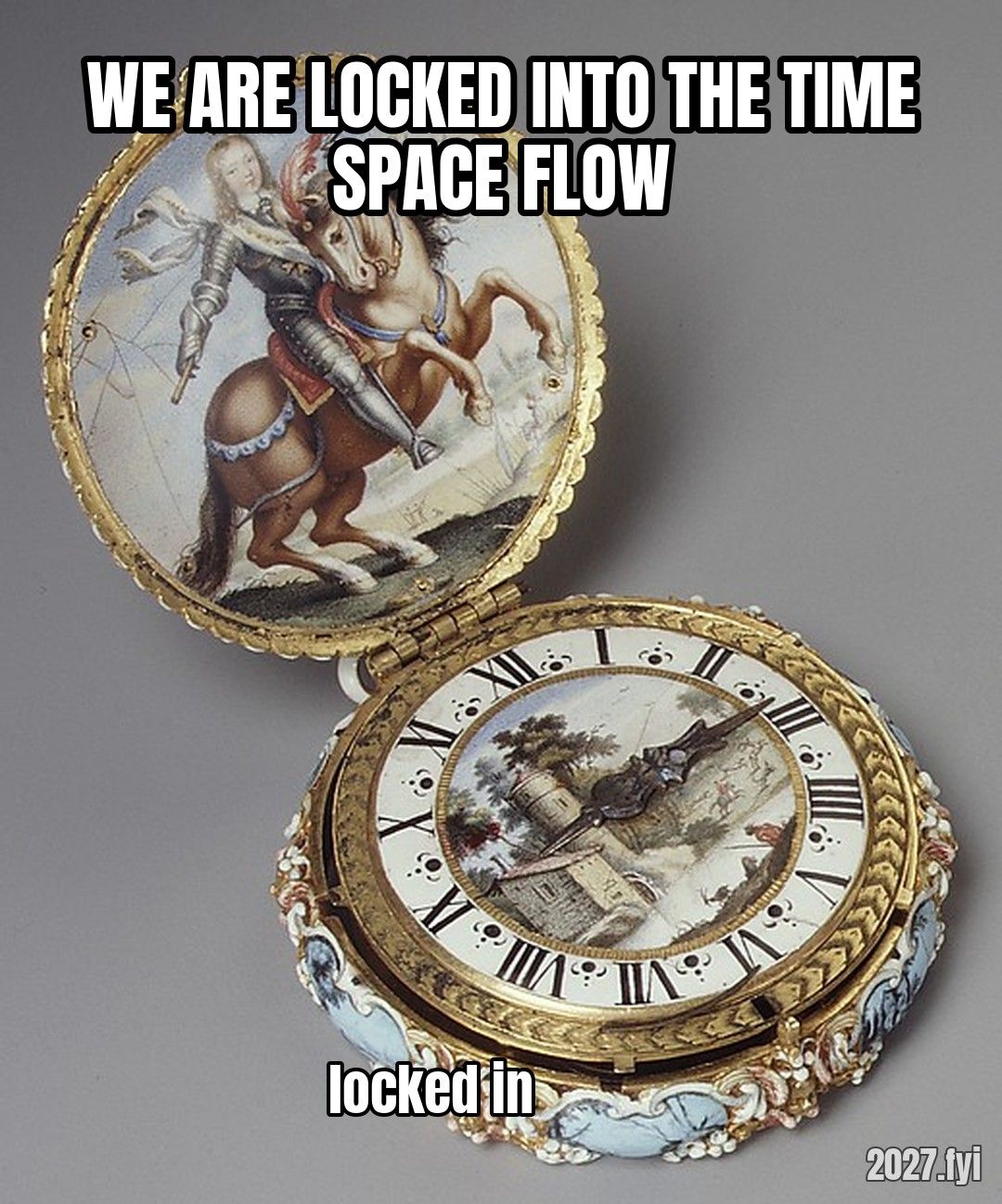 An enamelled pocket watch, ca. 1645. WE ARE LOCKED INTO THE TIME SPACE FLOW / locked in