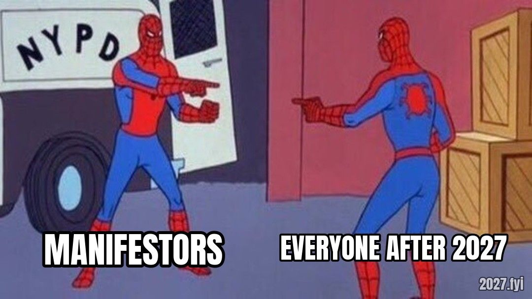 Two identical Spider-Men pointing at each other, labelled MANIFESTORS and EVERYONE AFTER 2027