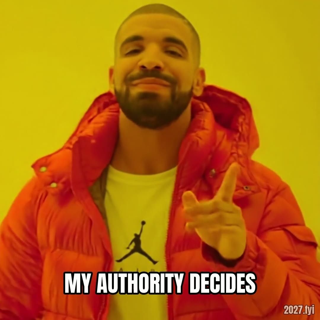 A man in an orange jacket turns away from MY MIND DECIDES and points approvingly at MY AUTHORITY DECIDES