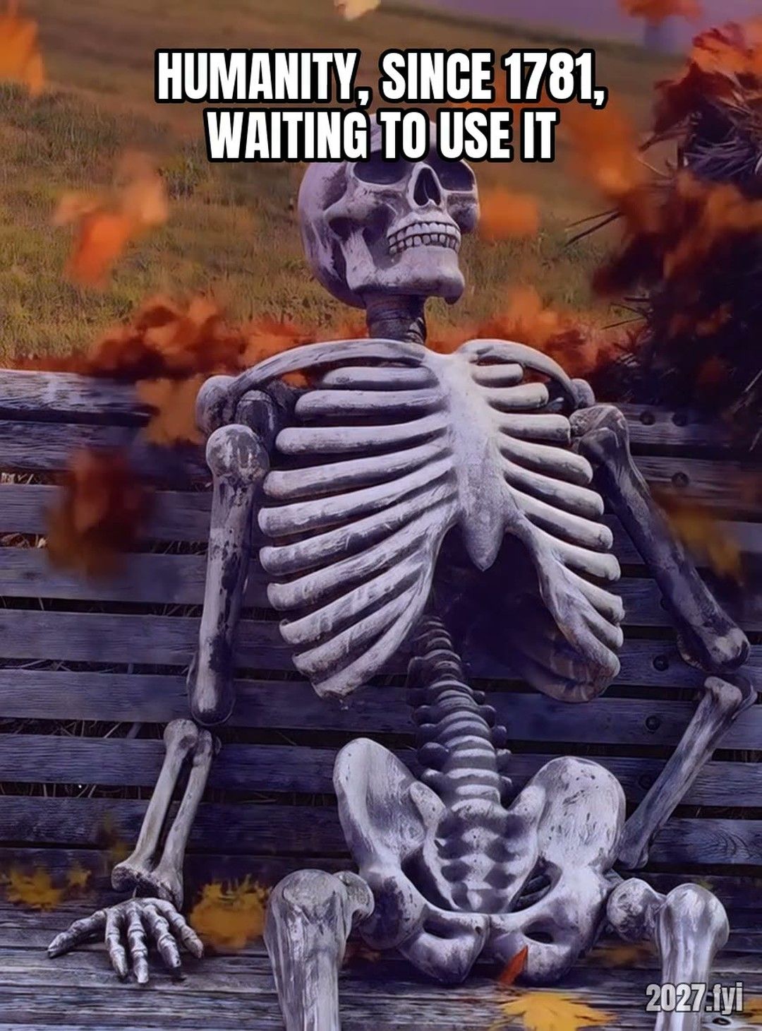 A skeleton waiting, chin in hand. ra: "the mutation has been in place" / humanity, since 1781, waiting to use it: