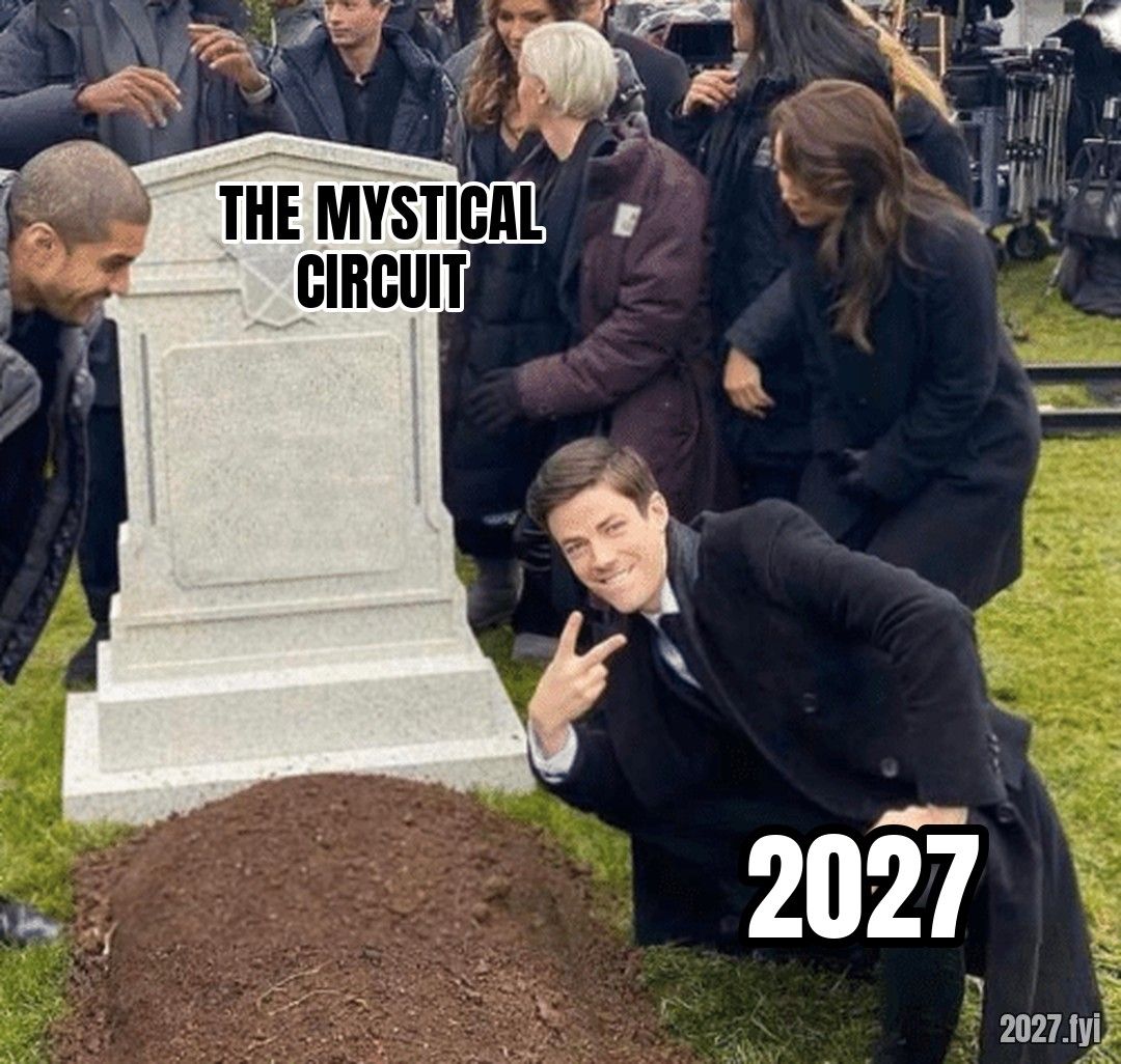 A man grins and poses next to a gravestone labelled THE MYSTICAL CIRCUIT, himself labelled 2027