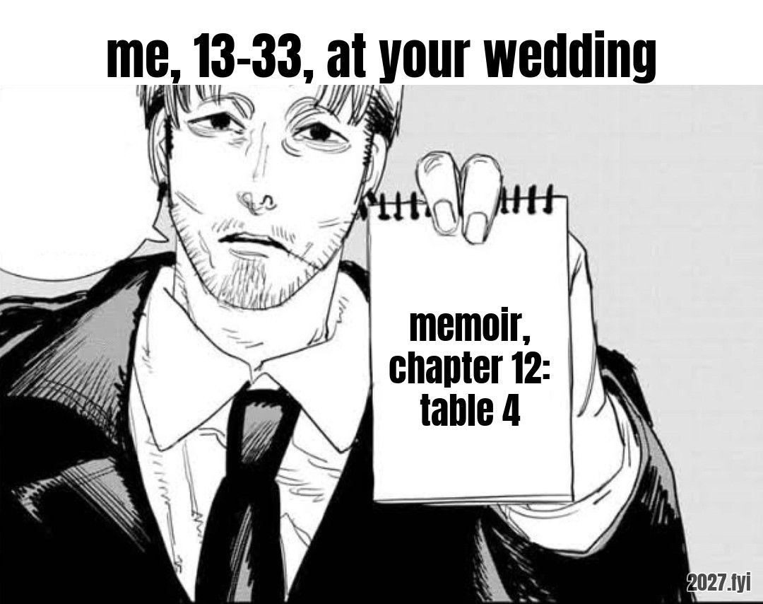 A manga man in a suit calmly holds up a small notepad. Labels: me, 13-33, at your wedding / memoir, chapter 12: table 4