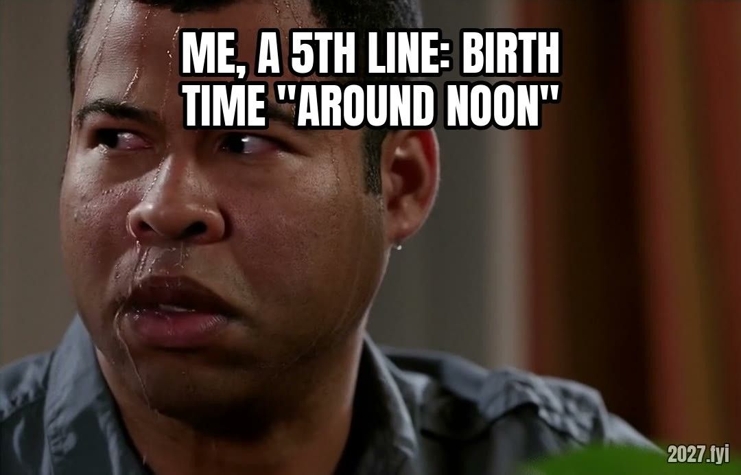 A man sweating heavily, staring ahead. Label: me, a 5th line: birth time "around noon"