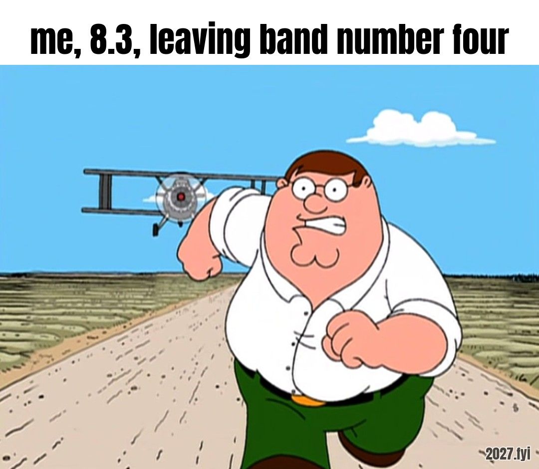 A cartoon man in a white shirt runs away from a biplane down a country road. Label: me, 8.3, leaving band number four