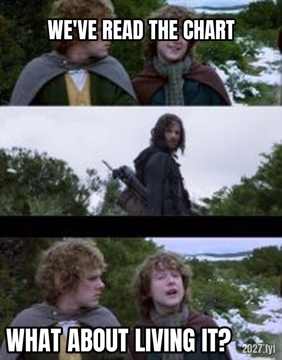Pippin Second Breakfast meme. WE'VE READ THE CHART / WHAT ABOUT LIVING IT?