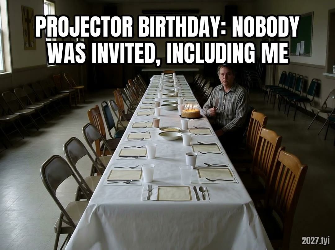 A man in a party hat sits alone with a birthday cake at a banquet table set for forty while the hall slowly goes dark. Label: PROJECTOR BIRTHDAY: NOBODY WAS INVITED, INCLUDING ME