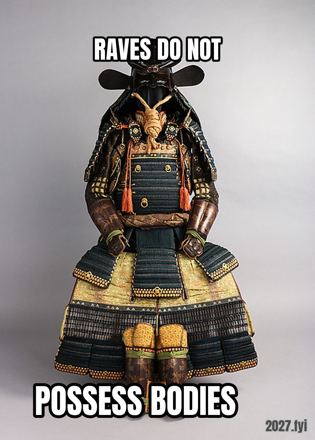 An empty Japanese gusoku armour standing upright. RAVES DO NOT / POSSESS BODIES
