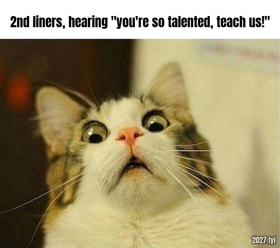 A startled cat with wide eyes. Label: 2nd liners, hearing "you're so talented, teach us!"