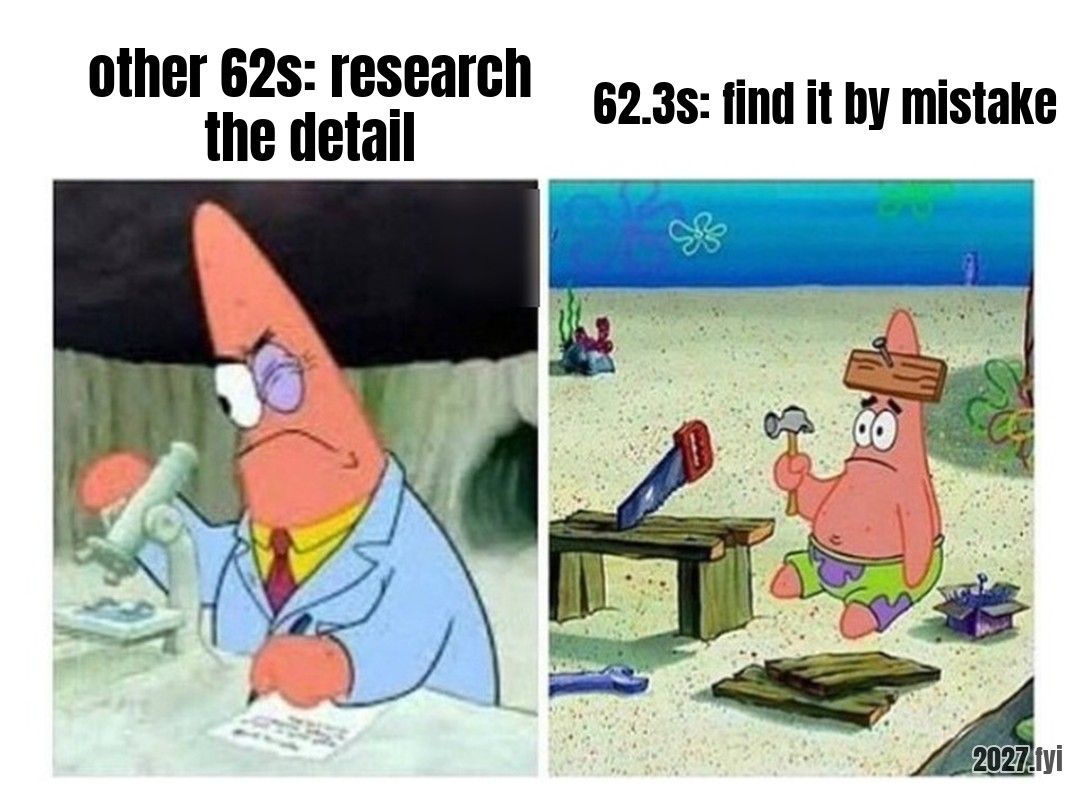Two cartoon panels: a starfish in a lab coat studies a microscope; the same starfish hammers boards at random in the sand. Labels: other 62s: research the detail / 62.3s: find it by mistake