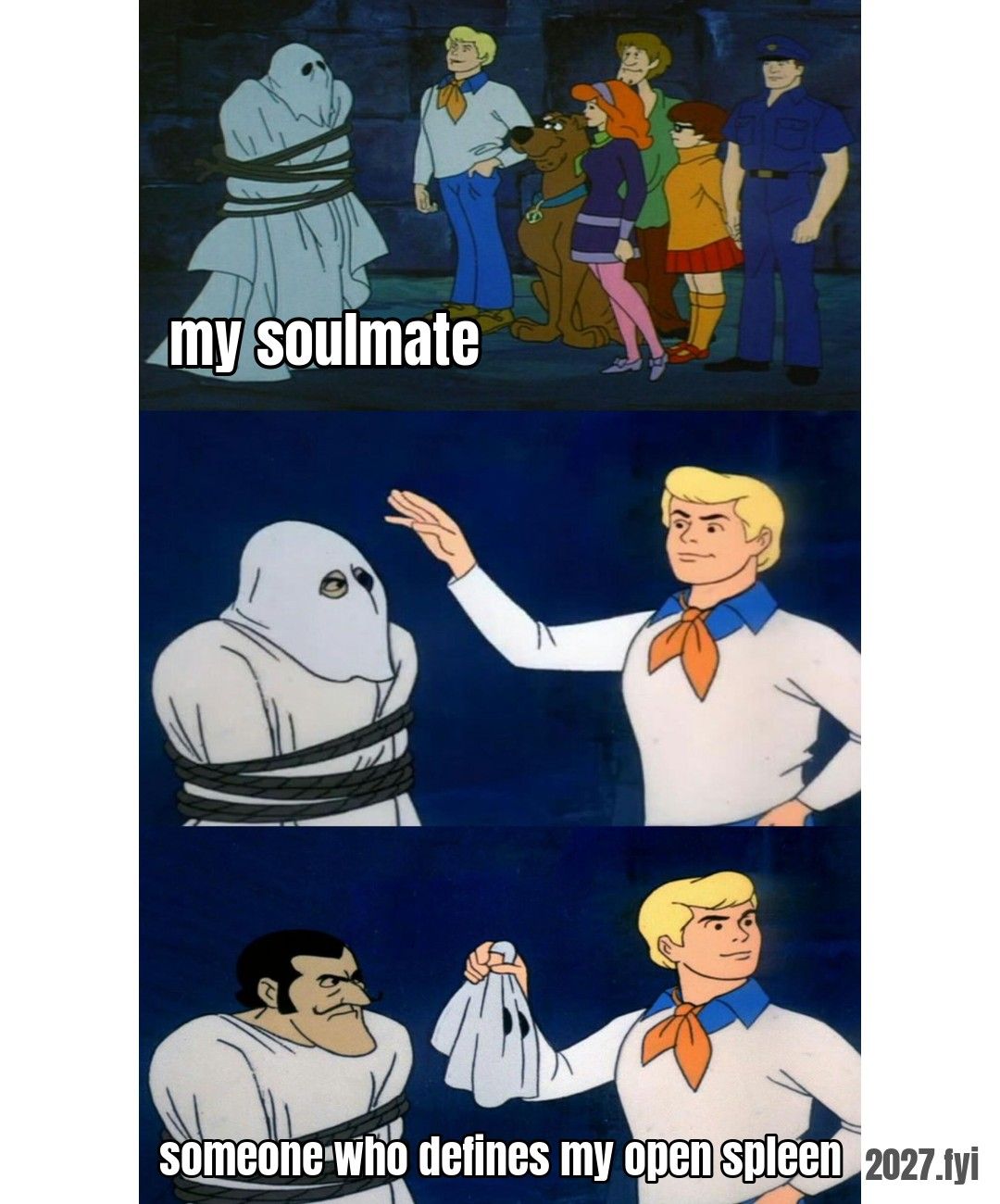 Cartoon detectives unmask a ghost. Labels: my soulmate / someone who defines my open spleen