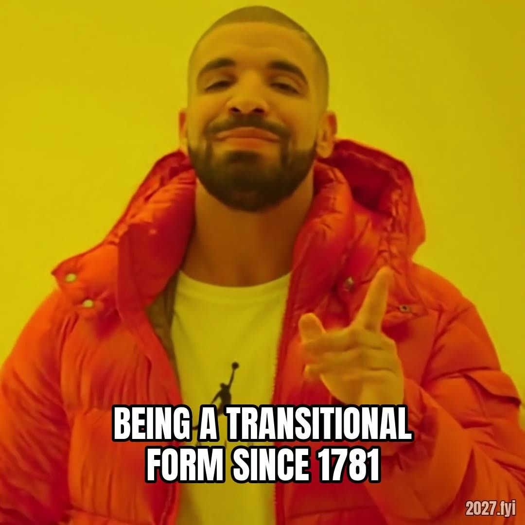 A man in an orange jacket turns away from being human and points approvingly at BEING A TRANSITIONAL FORM SINCE 1781