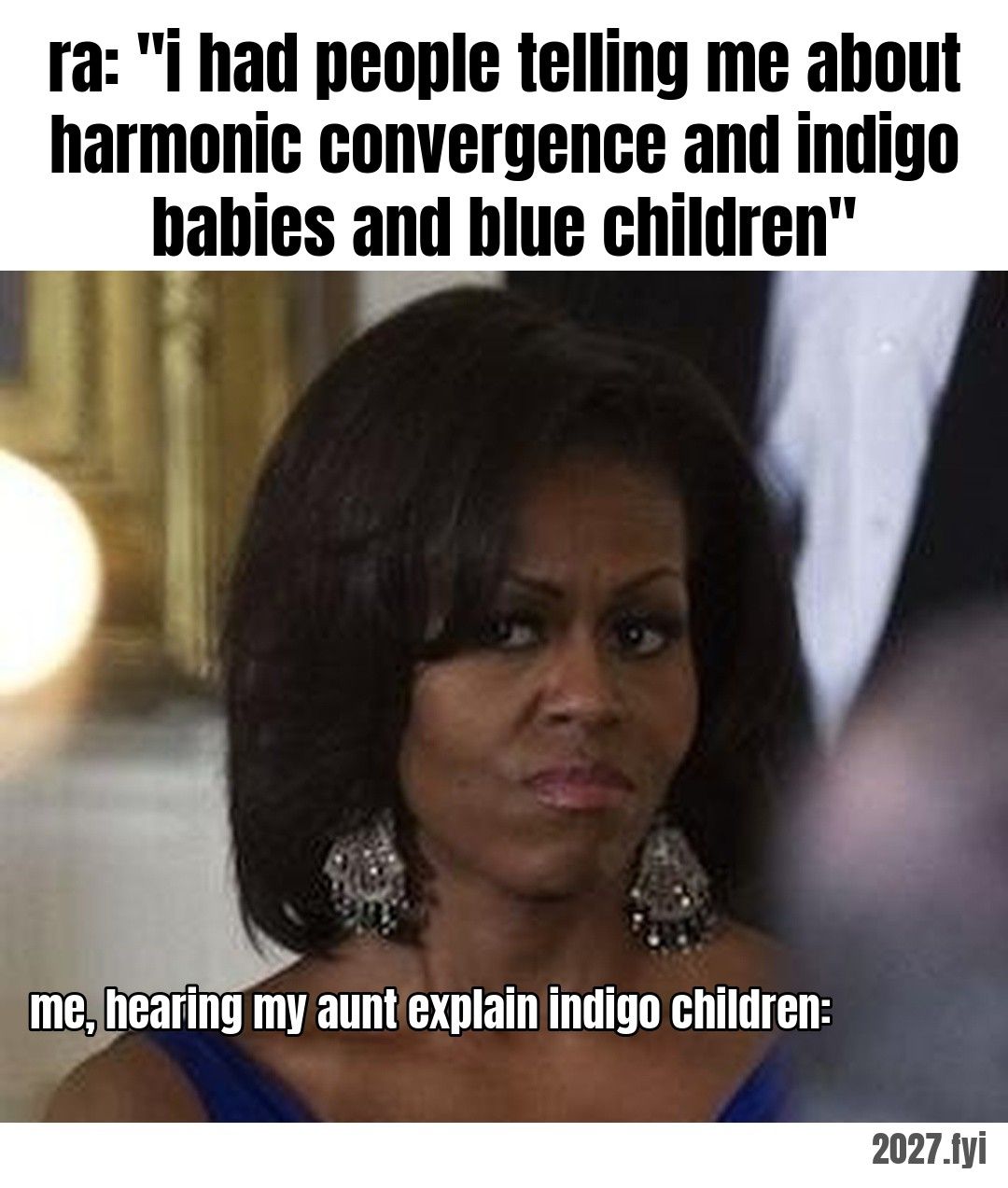 A woman giving a long, unimpressed side eye. ra: "i had people telling me about harmonic convergence and indigo babies and blue children" / me, hearing my aunt explain indigo children: