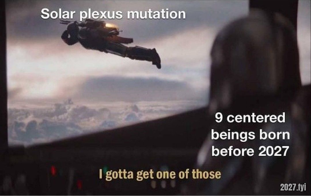A figure flies by with a jetpack labelled Solar plexus mutation, watched by 9 centered beings born before 2027: I gotta get one of those