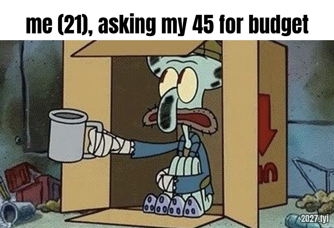 A cartoon squid in a cardboard box holds out a cup, begging. Label: me (21), asking my 45 for budget
