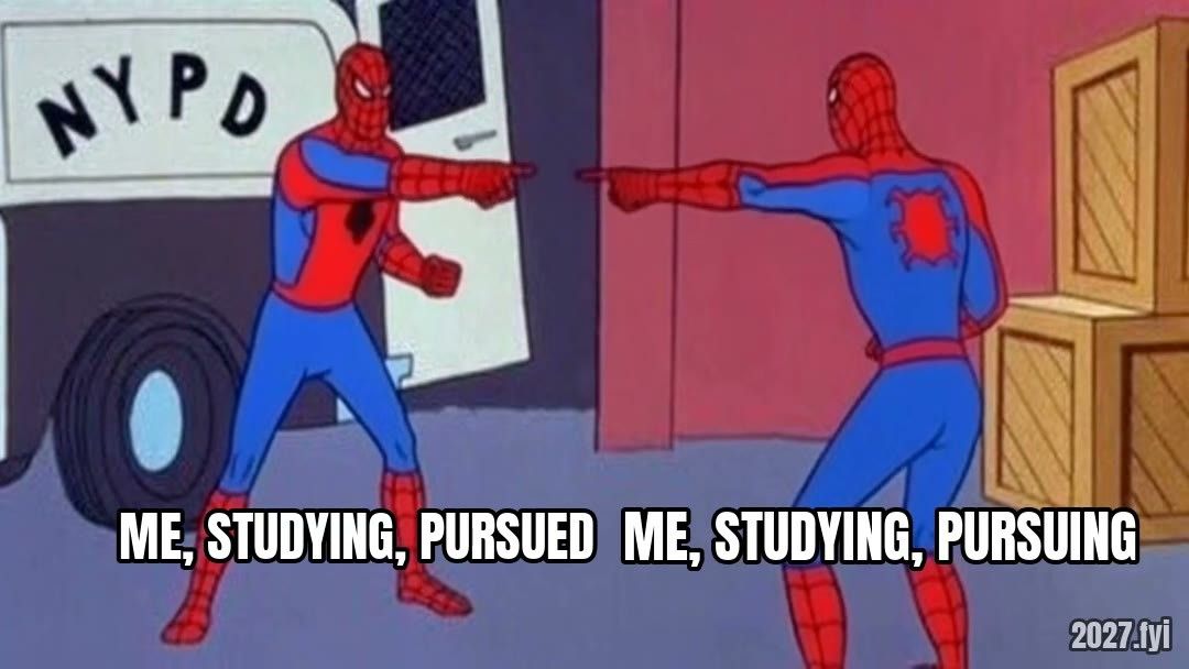 Two Spider-Men pointing at each other. 1st line, pursued, mid-research / 1st line, pursuing, same research