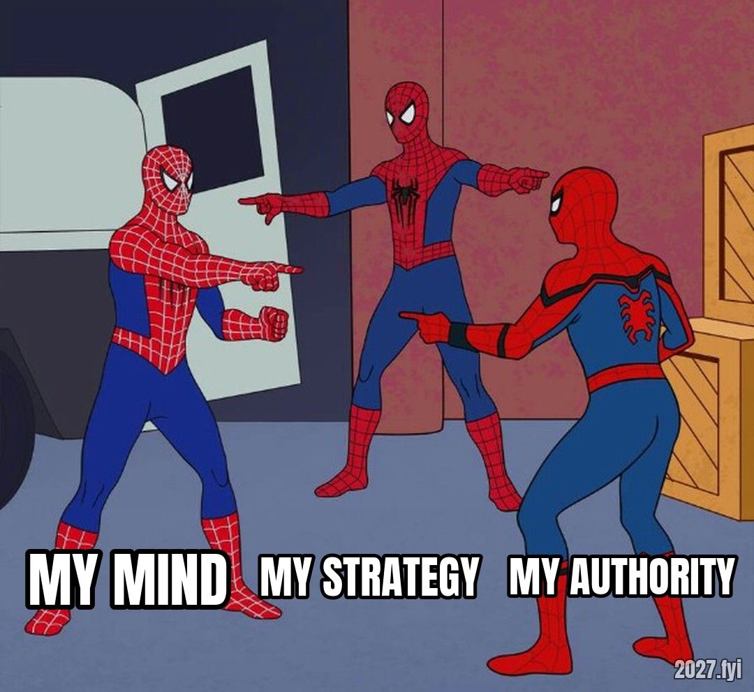 Three Spider-Men pointing at each other, labelled MY MIND, MY STRATEGY, MY AUTHORITY