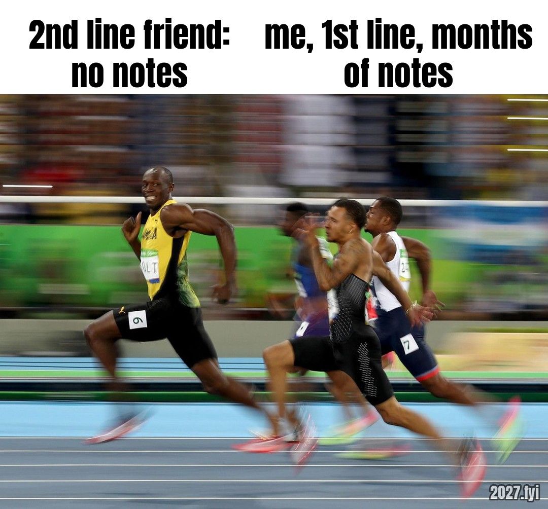 A sprinter grins back over his shoulder while the rest of the field strains behind him. Labels: 2nd line friend: no notes / me, 1st line, months of notes