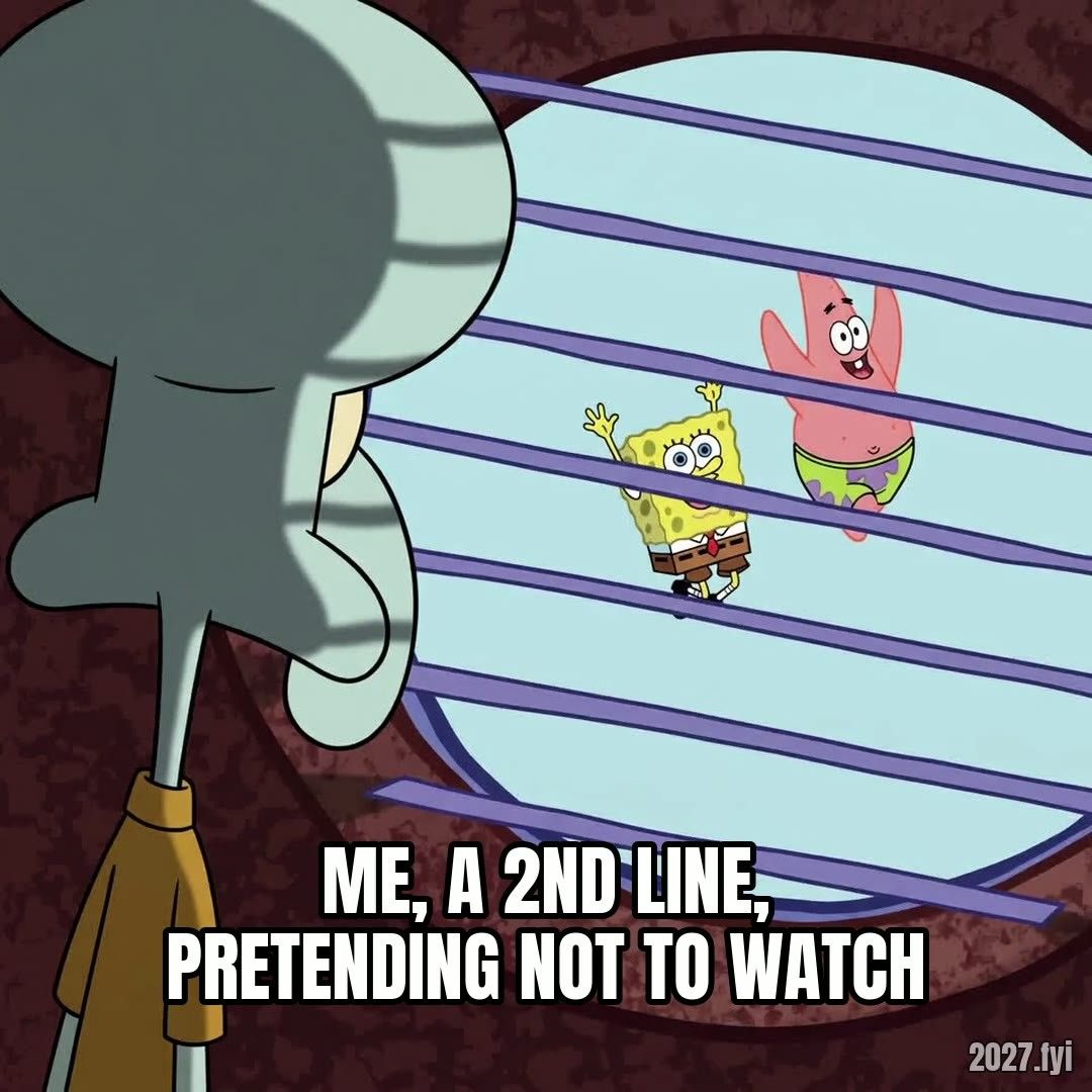 A cartoon character seen from behind, peering through window blinds at two friends playing outside. Label: me, a 2nd line, pretending not to watch