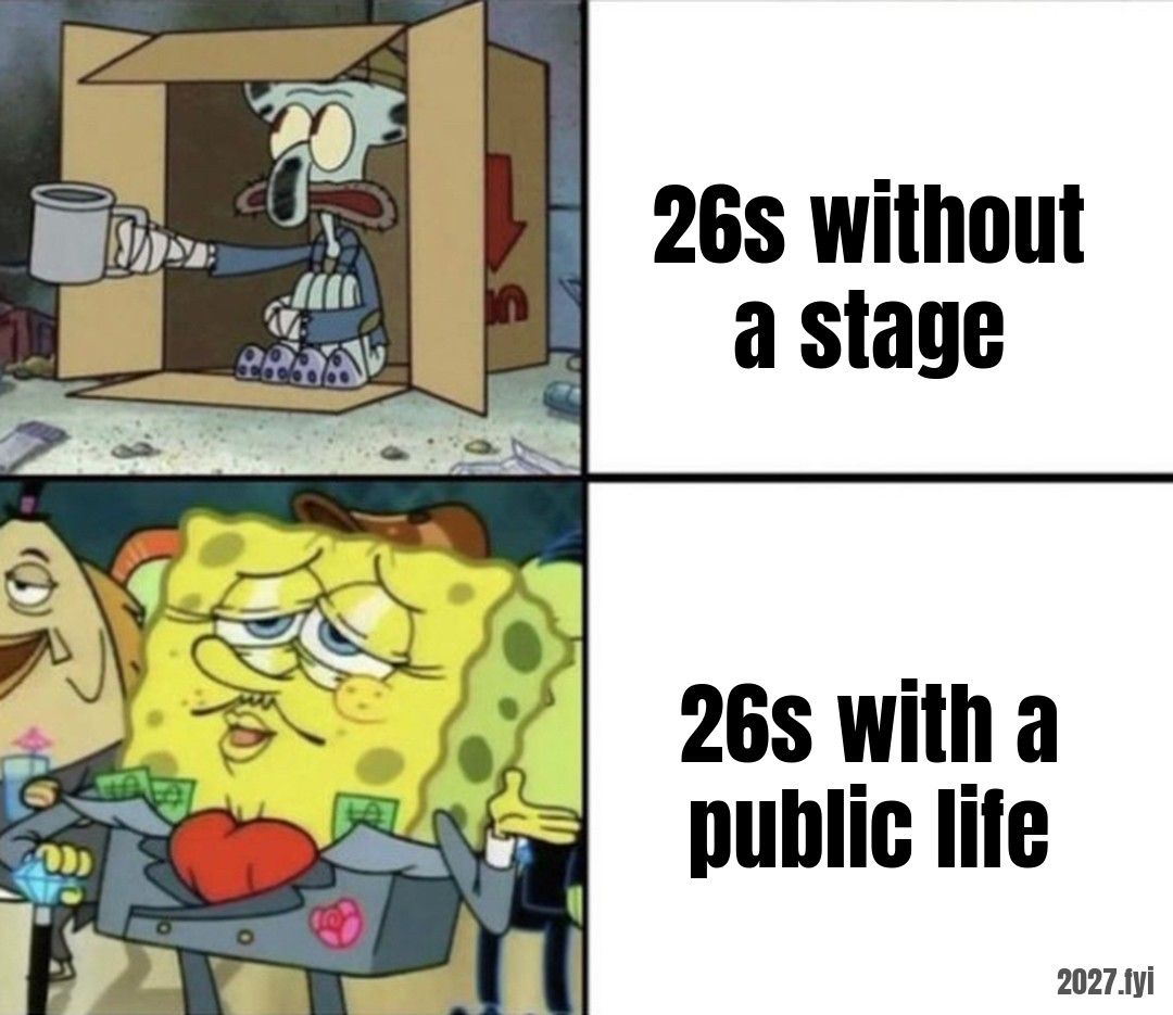 A poor cartoon squid begging, then a rich cartoon sponge with money. Labels: 26s without a stage / 26s with a public life