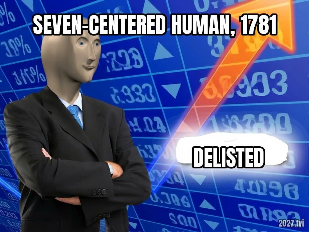 Meme man in front of a stock chart. SEVEN-CENTERED HUMAN, 1781 / delisted