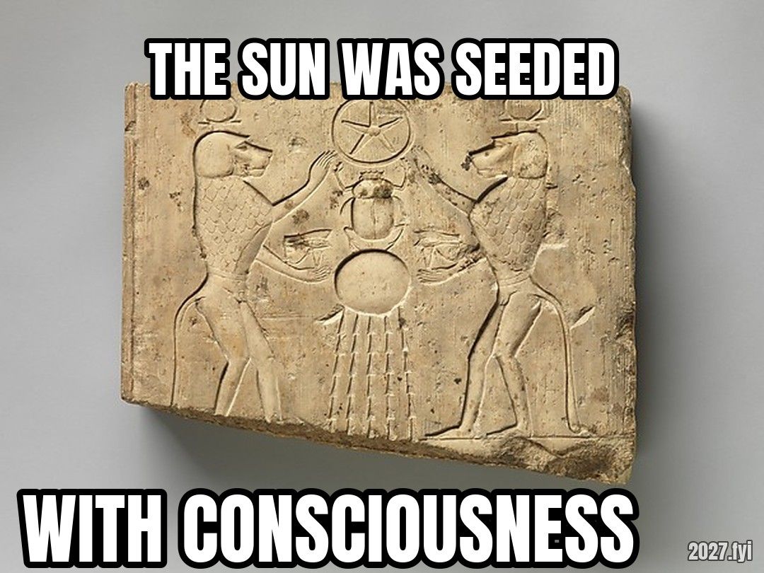 An Egyptian relief of two baboons offering the wedjat eye to the sun. THE SUN WAS SEEDED / WITH CONSCIOUSNESS