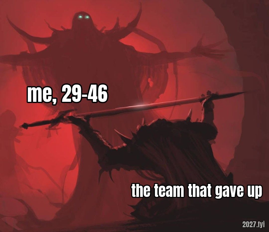 A small figure hands a sword up to a towering dark figure. Labels: me, 29-46 / the team that gave up
