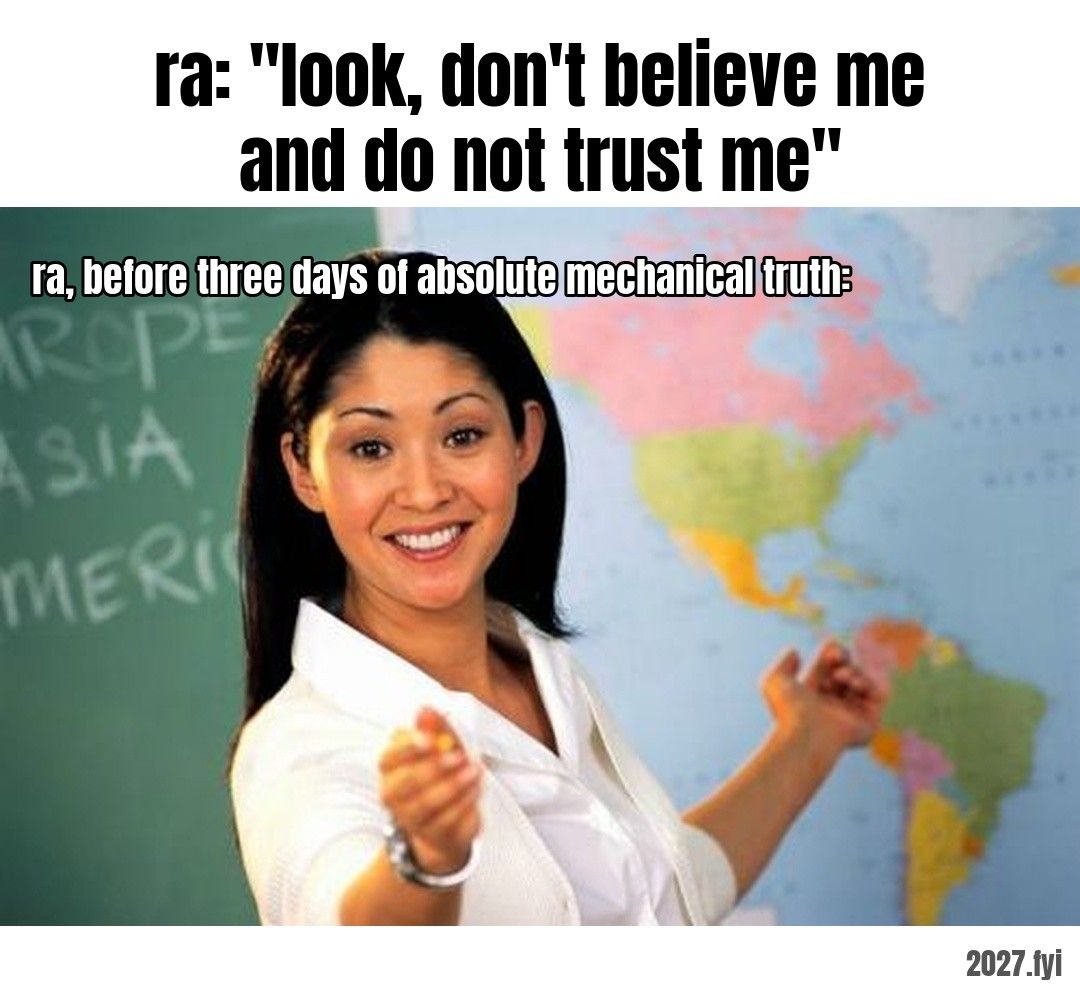 A smiling teacher pointing at a world map. ra: "look, don't believe me and do not trust me" / ra, before three days of absolute mechanical truth:
