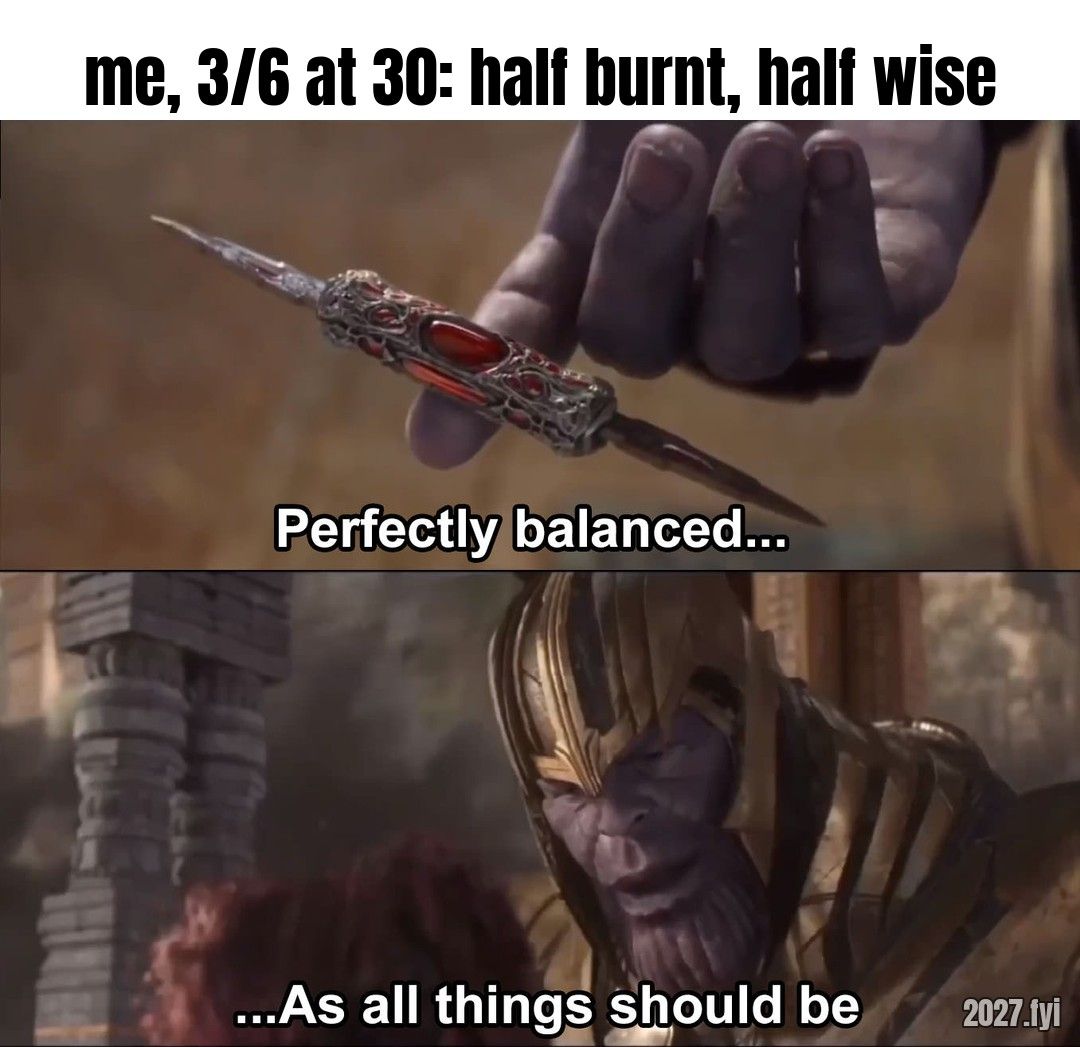 A giant purple figure holds a knife: Perfectly balanced... as all things should be. Label: me, 3/6 at 30: half burnt, half wise