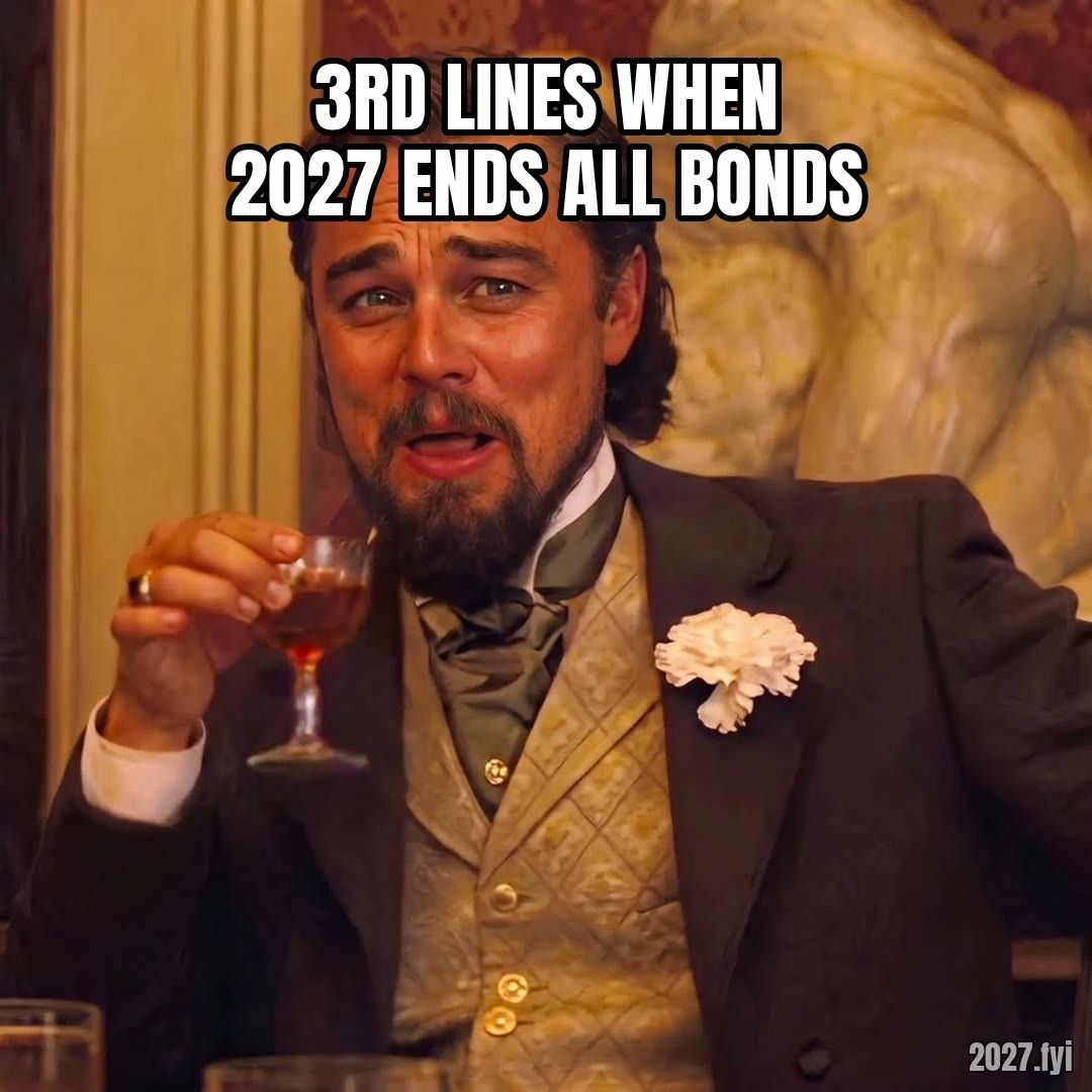 Leonardo DiCaprio laughing with a drink in hand. 3RD LINES WHEN 2027 ENDS ALL BONDS