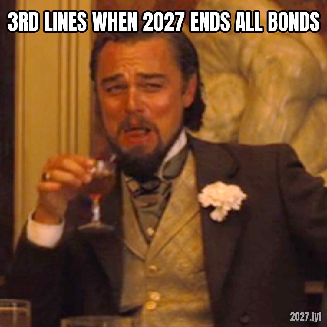 Leonardo DiCaprio laughing with a drink in hand. 3RD LINES WHEN 2027 ENDS ALL BONDS