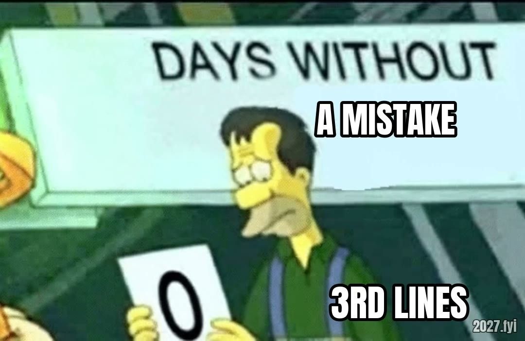 Lenny resets the sign 0 DAYS WITHOUT A MISTAKE, labelled 3RD LINES