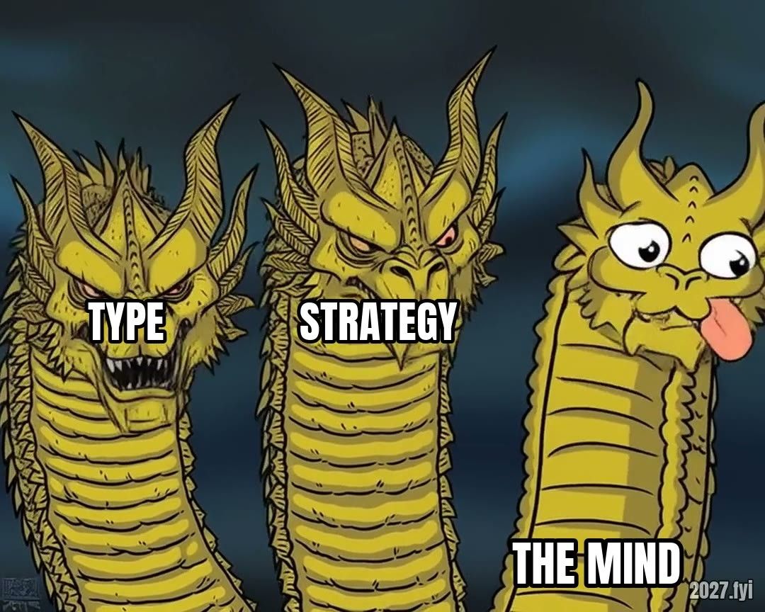 Three dragon heads: two fierce ones labelled TYPE and STRATEGY, a goofy one labelled the mind