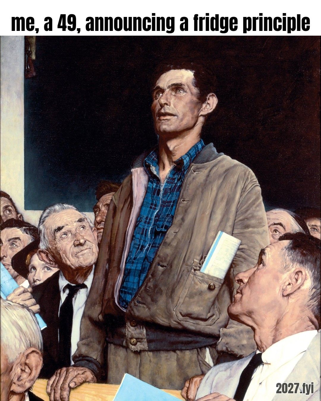 A painting of a man in a work jacket standing up to speak at a town meeting while seated neighbours look up at him. Label: me, a 49, announcing a fridge principle