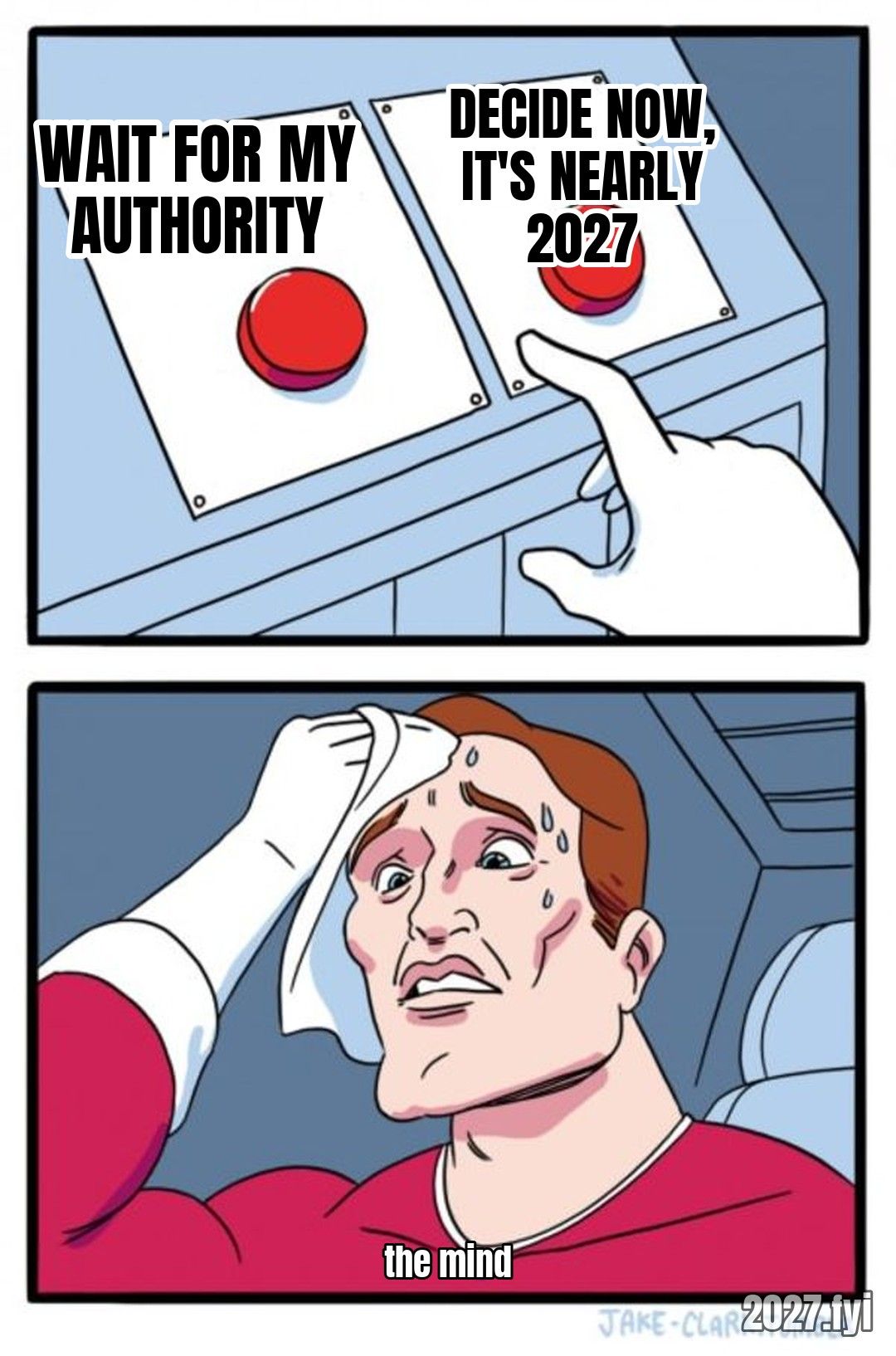 Two buttons: WAIT FOR MY AUTHORITY and DECIDE NOW, IT'S NEARLY 2027. The sweating man is labelled the mind